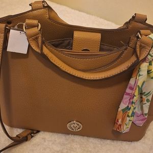 Anne Klein Chic Tan Tote with Gold Accents and Floral Scarf
